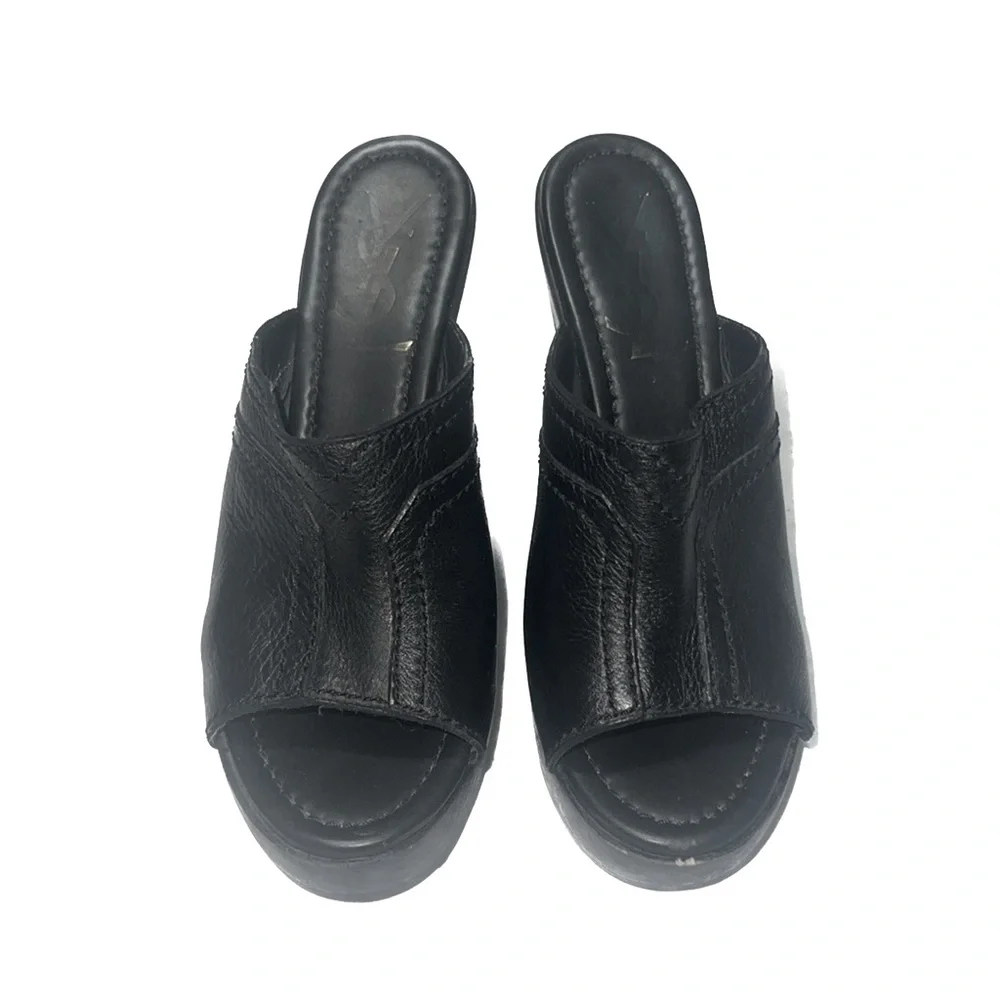 YSL Yves Saint Laurent Y2K Black Wooden Platform Block Heels, size 35
